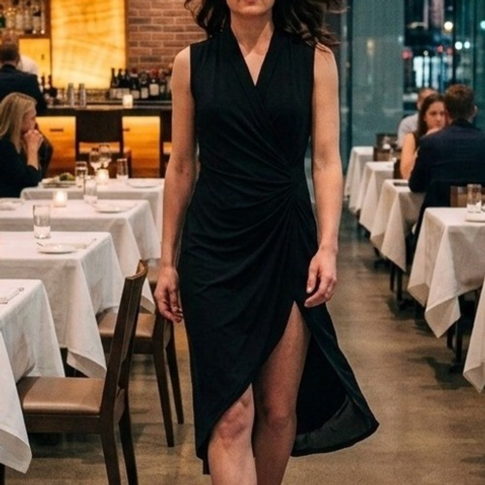 Norma Kamali Black Sleeveless Side Ruched Wrap Midi Dress NK29601 Womens Large